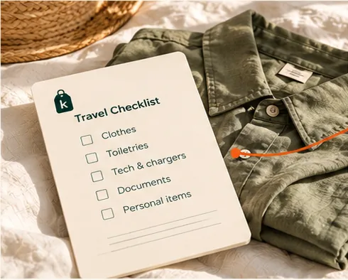 A travel checklist beside a folded olive shirt