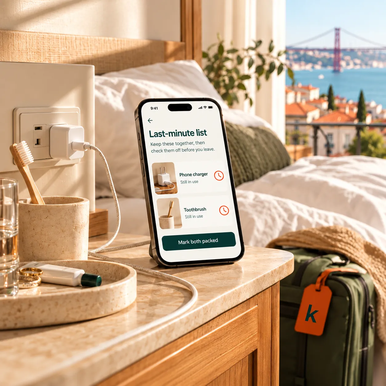 Koxim's last-minute list, beside a charger and toothbrush still in use